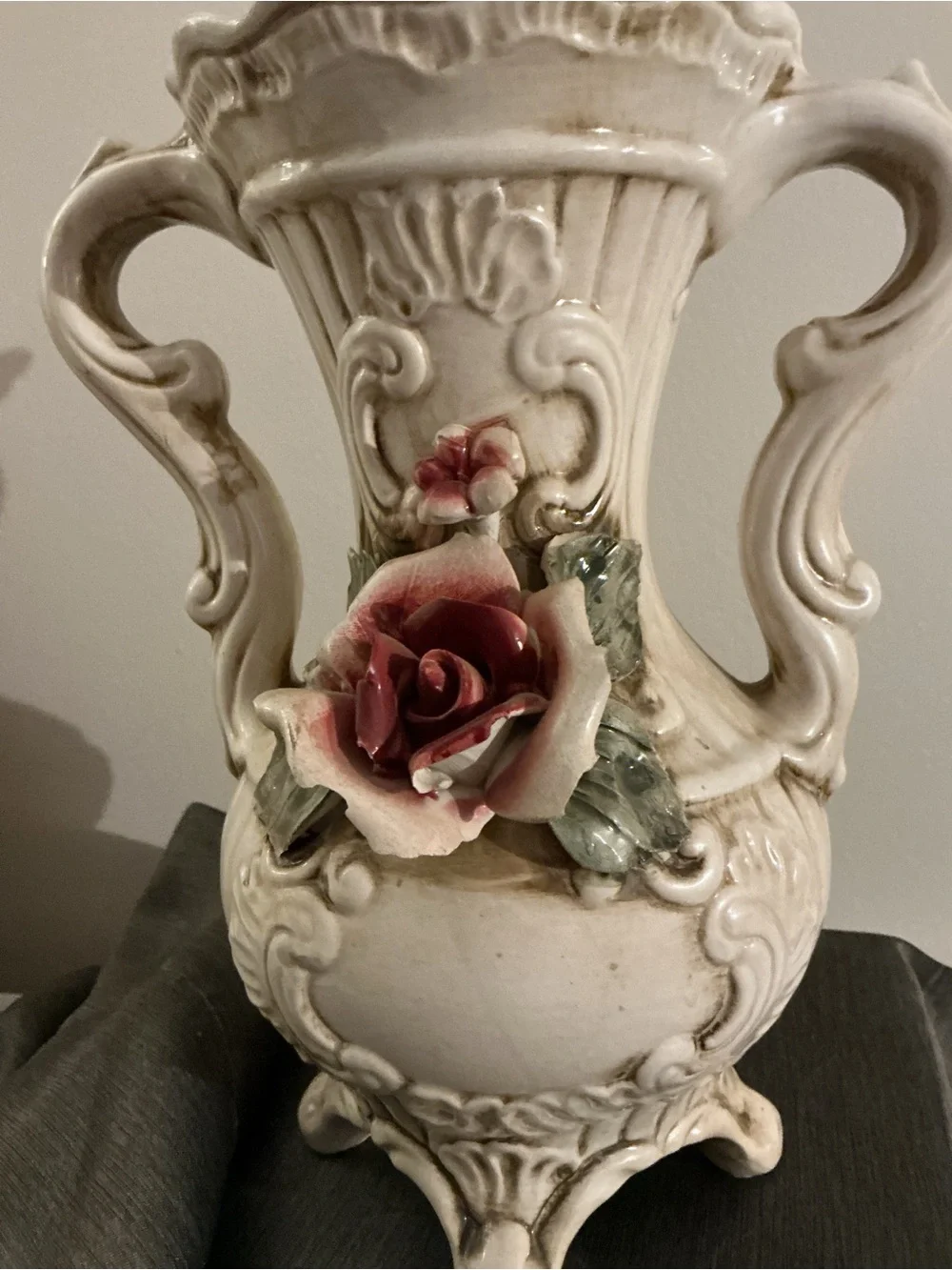 Ornate Cream Porcelain Vase with Pink Rose Accent